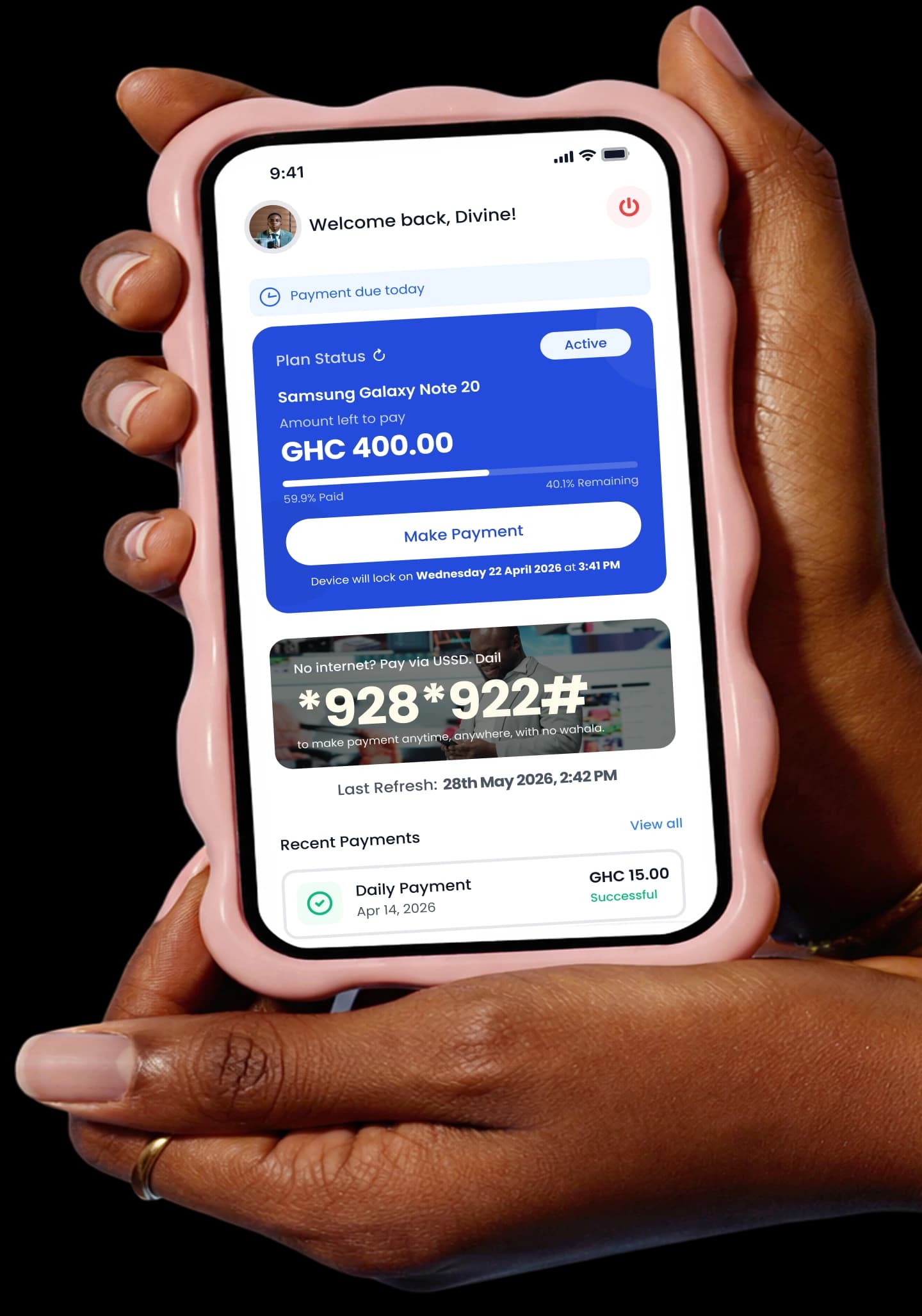 The Hala-GH customer app showing a payment plan and USSD instructions