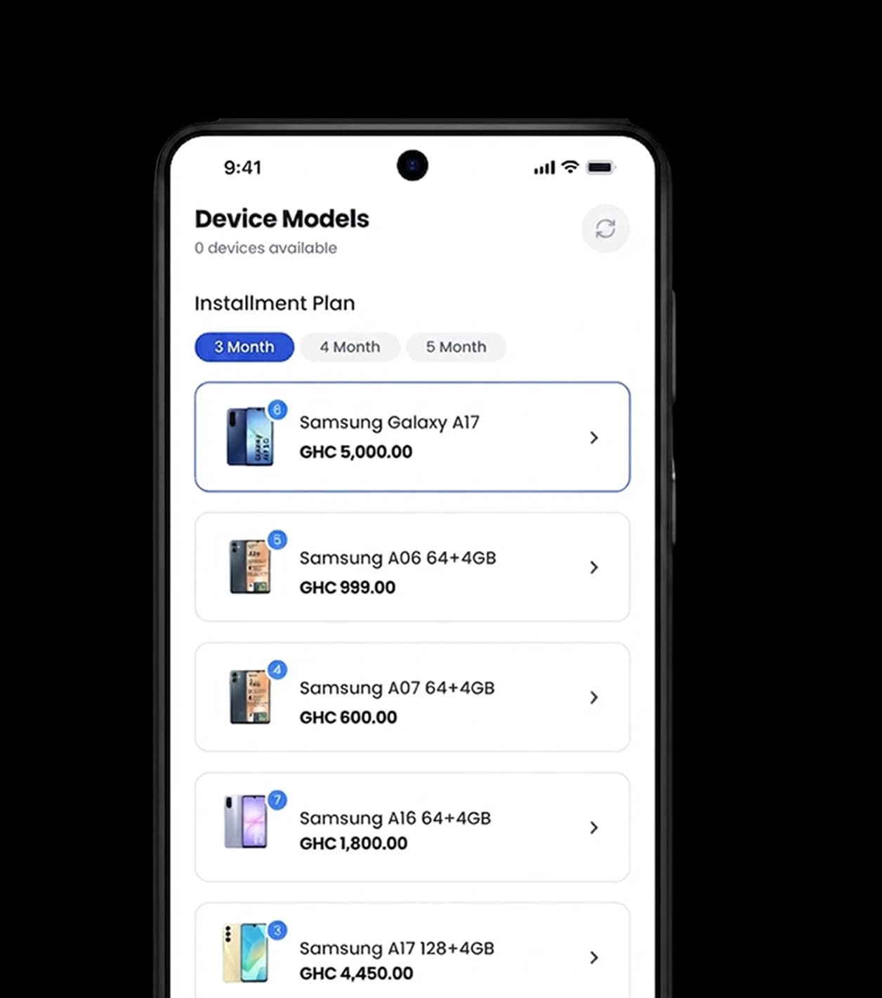 Hala-GH app showing a list of Samsung device models and installment plans