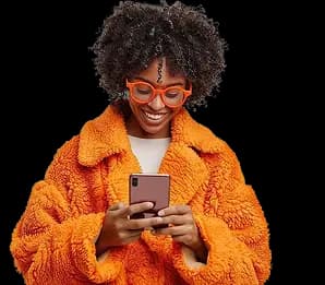 A customer checking her phone while her identity is verified in-store