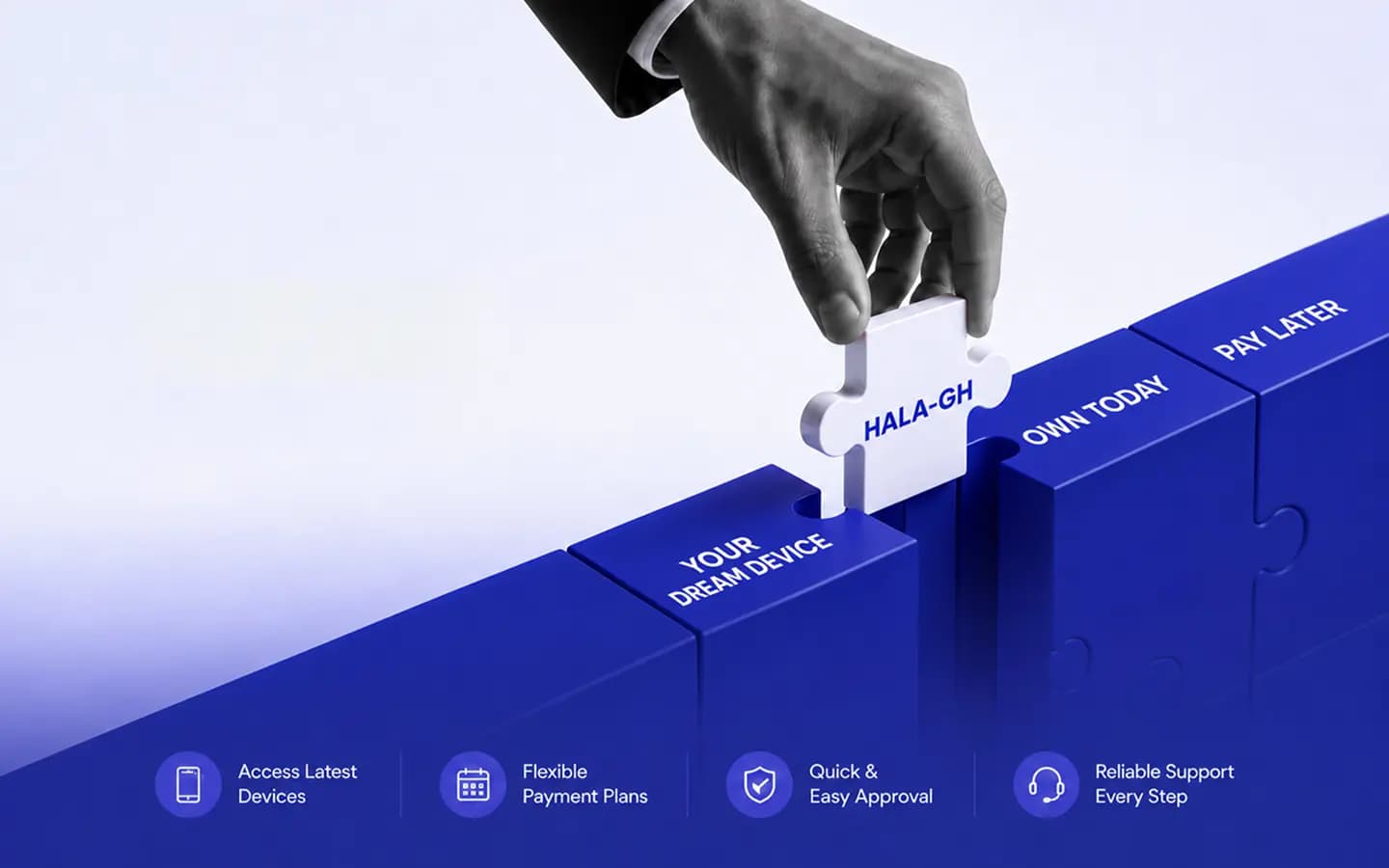 A hand placing a Hala-GH puzzle piece to complete the device financing journey